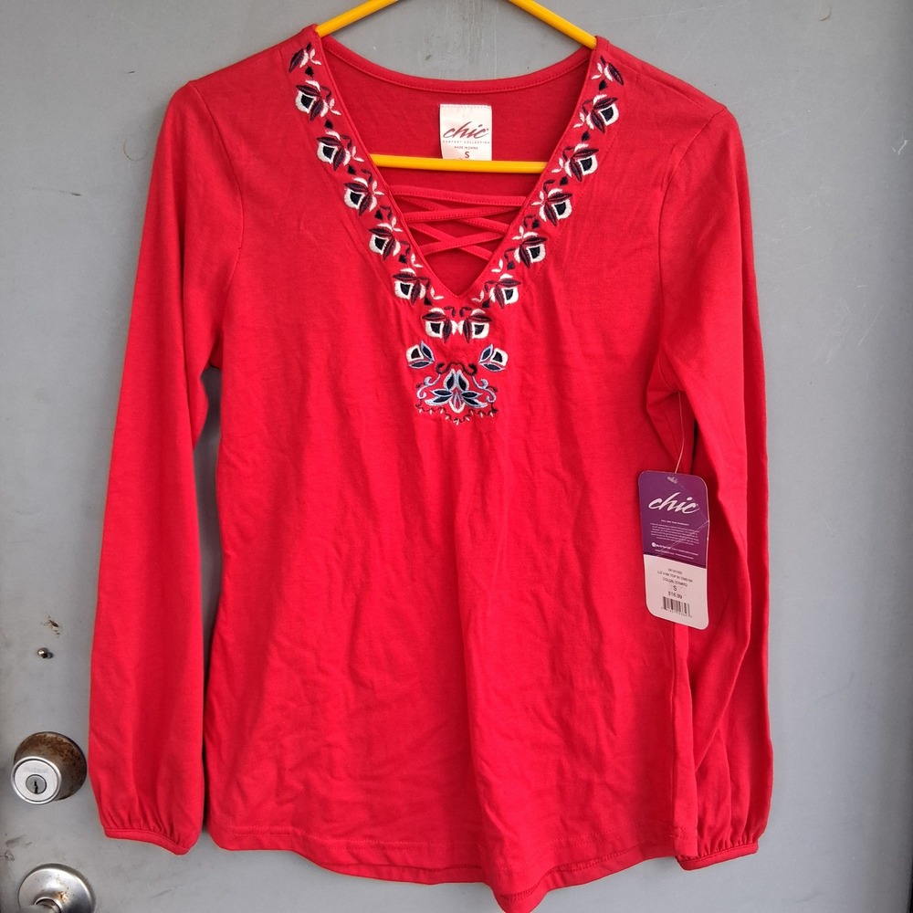 Vtg NOS 90s Chic Embroidered Top S NWT Cottagecore Grannycore Butter Mom NEW Red